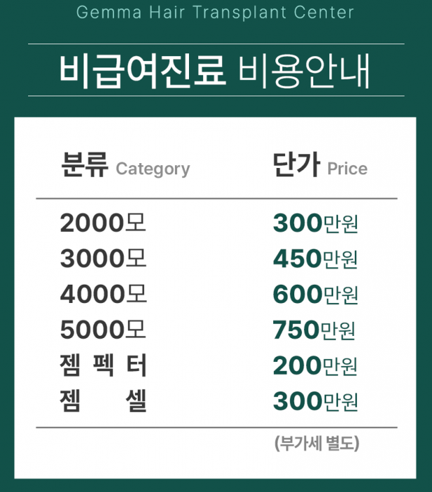 젬마의원 비급여 진료 비용 안내